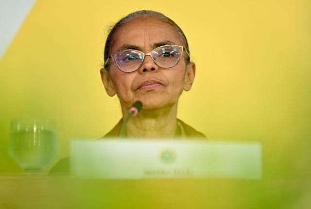 Brazil's Environment Minister Marina Silva presents the National Climate Change Plan during a press conference at Planalto Palace in Brasilia on March 16, 2026. (Photo by Evaristo Sa / AFP)
