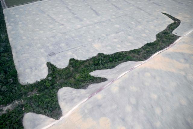 (FILES) This aerial view shows a deforested area of the Amazon rainforest prepared for plantation in the municipality of Nova Esperanca do Piria, Para State, Brazil, on November 12, 2025, during the COP30 UN Climate Change Conference. On March 16, 2026, Brazil launched a new national climate plan for the coming decade that prioritizes forest protection as its main strategy for reducing greenhouse gas emissions. (Photo by Mauro PIMENTEL / AFP)