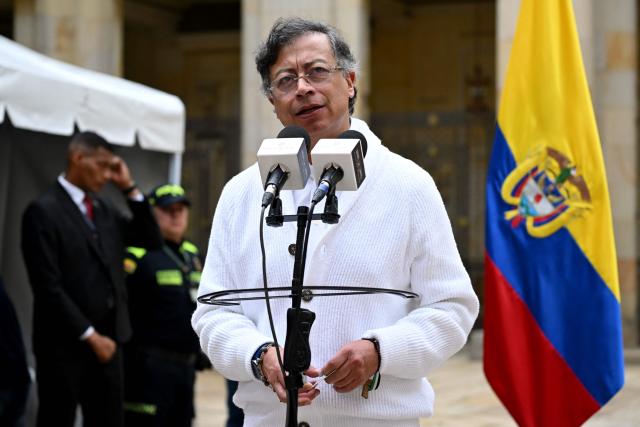 (FILES) Colombia's President Gustavo Petro speaks after voting at a polling station during legislative elections in Bogota on March 8, 2026. Colombia's President Gustavo Petro denounced on March 16, 2026, a possible bombing by Ecuador on the Colombian side of the border, where drug trafficking groups operate, and warned that he is awaiting the results of an investigation to avoid “going to war.” (Photo by RAUL ARBOLEDA / AFP)