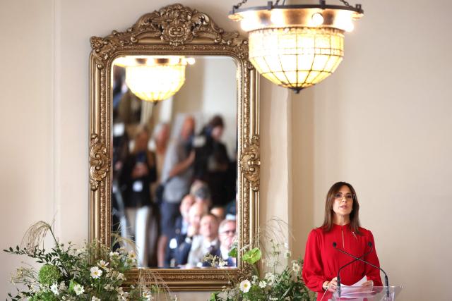Denmark’s Queen Mary gives a presentation on the sustainable redevelopment of Fredensborg Palace’s circular annex in Melbourne on March 17, 2026. (Photo by Martin Keep / POOL / AFP)