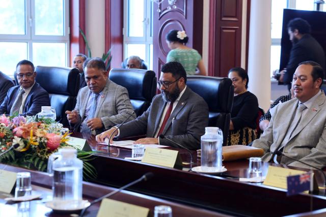 Tongan Prime Minister Lord Fatafehi Fakafanua (C) holds bilateral talks with visiting New Zealand Prime Minister Christopher Luxon in Nuku’alofa, Tonga, on March 17, 2026. (Photo by Ben STRANG / AFP)