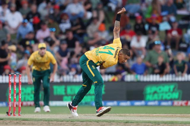 South Africa's Ottneil Baartman bowls during the second Twenty20 international cricket match between New Zealand and South Africa played at Seddon Park in Hamilton on March 17, 2026. (Photo by Michael Bradley / AFP)