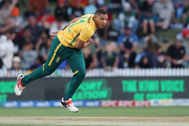 South Africa's Ottneil Baartman bowls during the second Twenty20 international cricket match between New Zealand and South Africa played at Seddon Park in Hamilton on March 17, 2026. (Photo by Michael Bradley / AFP)