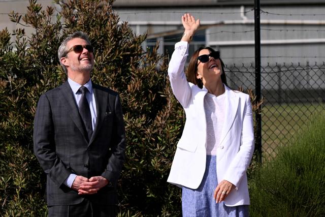 Denmark’s King Frederik X (L) and Queen Mary react as they meet representatives from renewable energy companies with the Danish business delegation at the Port of Melbourne on March 17, 2026, as part of their five-day state visit to Australia. (Photo by William WEST / POOL / AFP)