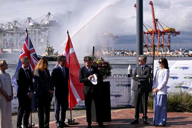 Denmark’s King Frederik X (2nd R) and Queen Mary (R) meet representatives from renewable energy companies with the Danish business delegation at the Port of Melbourne on March 17, 2026, as part of their five-day state visit to Australia. (Photo by William WEST / POOL / AFP)