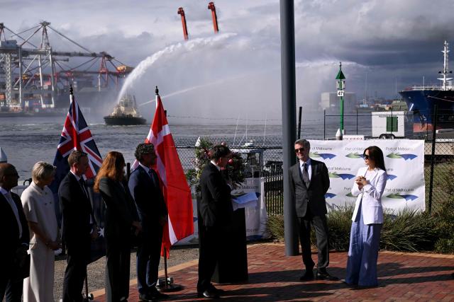 Denmark’s King Frederik X (2nd R) and Queen Mary (R) meet representatives from renewable energy companies with the Danish business delegation at the Port of Melbourne on March 17, 2026, as part of their five-day state visit to Australia. (Photo by William WEST / POOL / AFP)