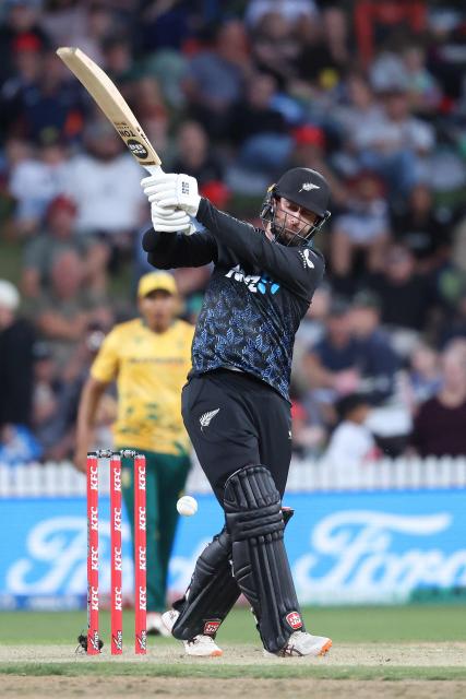 New Zealand’s Devon Conway bats during the second Twenty20 international cricket match between New Zealand and South Africa played at Seddon Park in Hamilton on March 17, 2026. (Photo by Michael Bradley / AFP)