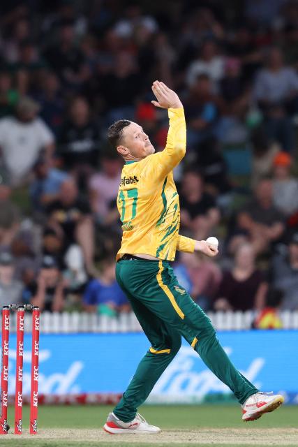 South Africa's George Linde bowls during the second Twenty20 international cricket match between New Zealand and South Africa played at Seddon Park in Hamilton on March 17, 2026. (Photo by Michael Bradley / AFP)
