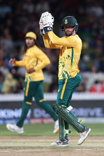 South Africa's Connor Esterhuizen reacts during the second Twenty20 international cricket match between New Zealand and South Africa played at Seddon Park in Hamilton on March 17, 2026. (Photo by Michael Bradley / AFP)