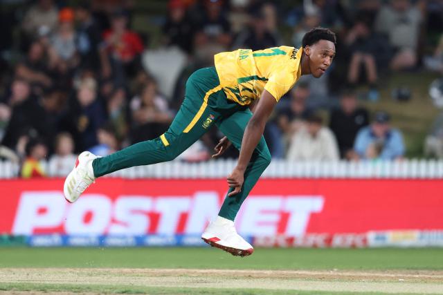 South Africa's Nqobani Mokoena bowls during the second Twenty20 international cricket match between New Zealand and South Africa played at Seddon Park in Hamilton on March 17, 2026. (Photo by Michael Bradley / AFP)