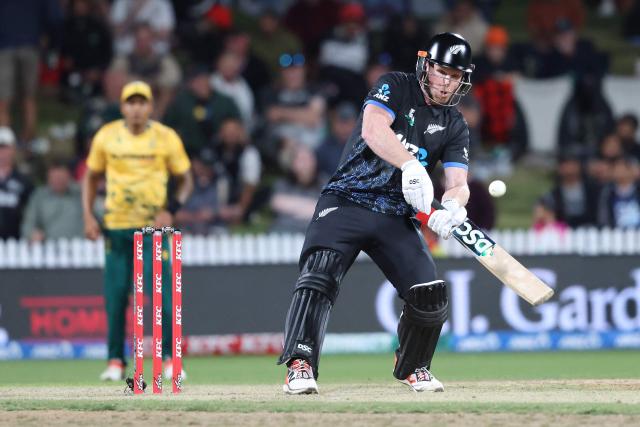 New Zealand’s James Neesham bats during the second Twenty20 international cricket match between New Zealand and South Africa played at Seddon Park in Hamilton on March 17, 2026. (Photo by Michael Bradley / AFP)