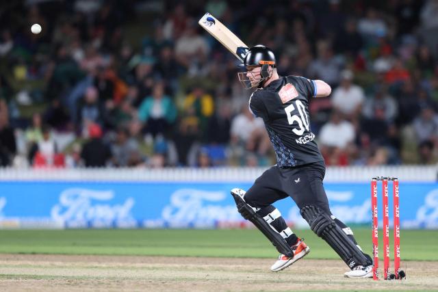New Zealand’s James Neesham bats during the second Twenty20 international cricket match between New Zealand and South Africa played at Seddon Park in Hamilton on March 17, 2026. (Photo by Michael Bradley / AFP)