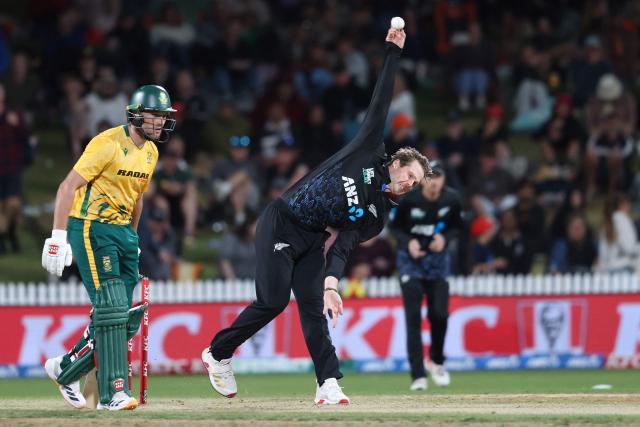 New Zealand’s Lockie Ferguson bowls during the second Twenty20 international cricket match between New Zealand and South Africa played at Seddon Park in Hamilton on March 17, 2026. (Photo by Michael Bradley / AFP)