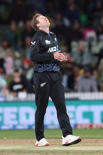 New Zealand’s Lockie Ferguson reacts after bowling during the second Twenty20 international cricket match between New Zealand and South Africa played at Seddon Park in Hamilton on March 17, 2026. (Photo by Michael Bradley / AFP)