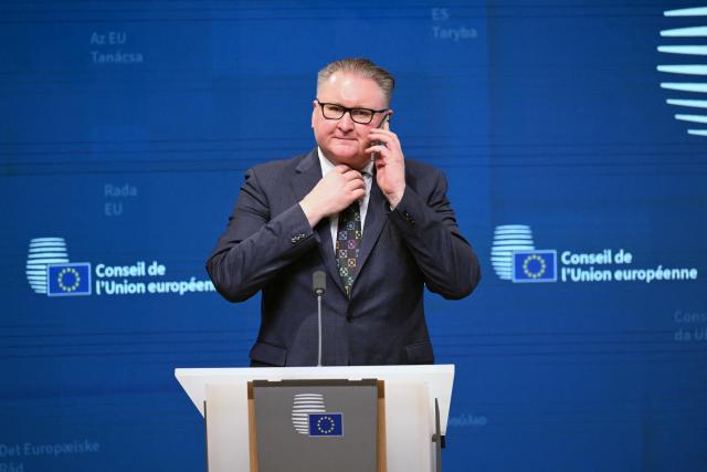 Ukraine deputy Prime Minister Taras Kachka arrives for a press conference ahead of a General Affairs Council at the European Council in Brussels on March 17, 2026. (Photo by Nicolas TUCAT / AFP)