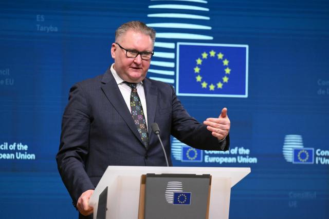 Ukraine's Deputy Prime Minister  Taras Kachka gestures during a press conference ahead of a General Affairs Council at the European Council in Brussels on March 17, 2026. (Photo by Nicolas TUCAT / AFP)
