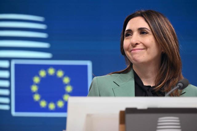 Cyprus' Deputy Minister for European Affairs Marilena Raouna looks on during a press conference ahead a General Affairs Council at the European Council in Brussels on March 17, 2026. (Photo by Nicolas TUCAT / AFP)