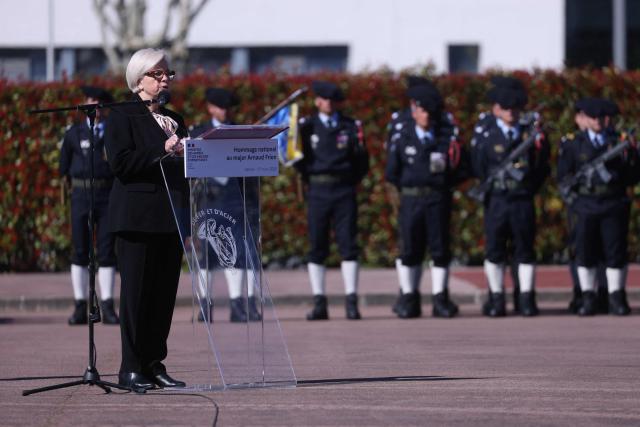 France's Minister of Armed Forces Catherine Vautrin delivers a speech during a national tribute ceremony at the 7th Alpine Chasseurs Battalion in Varces, southeastern France on March 17, 2026 for the Chief Warrant Officer Arnaud Frion who was killed in a drone attack in Erbil on March 12, 2026. Arnaud Frion was killed and six other French soldiers were wounded on March 12, 2026 evening in a drone attack in the Erbil region of Iraqi Kurdistan, French authorities announced, lamenting the first death within the French army in the context of the war in the Middle East. (Photo by Alex MARTIN / AFP)