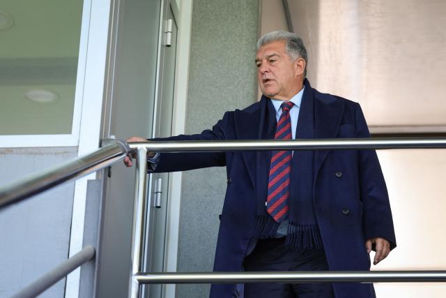 Barcelona’s newly re-elected president Joan Laporta arrives to watches a training session on the eve of their UEFA Champions League last 16 second leg football match against Newcastle United at the Joan Gamper training ground in Sant Joan Despi, near Barcelona, on March 17, 2026. (Photo by Josep LAGO / AFP)