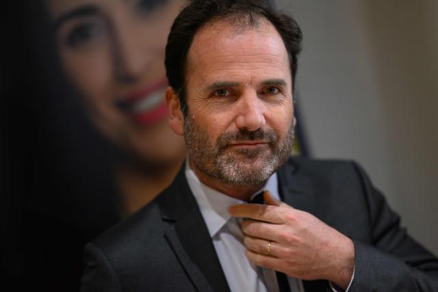 Les Republicains (LR) right wing party candidate for Mayor of Nantes, Foulques Chombart de Lauwe attends a press conference a few days before the second round of France's 2026 municipal elections in Nantes, western France on March 17, 2026. (Photo by Loic VENANCE / AFP)