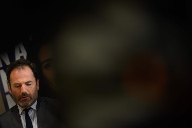 Les Republicains (LR) right wing party candidate for Mayor of Nantes, Foulques Chombart de Lauwe attends a press conference a few days before the second round of France's 2026 municipal elections in Nantes, western France on March 17, 2026. (Photo by Loic VENANCE / AFP)