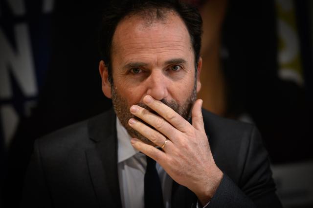 Les Republicains (LR) right wing party candidate for Mayor of Nantes, Foulques Chombart de Lauwe attends a press conference a few days before the second round of France's 2026 municipal elections in Nantes, western France on March 17, 2026. (Photo by Loic VENANCE / AFP)
