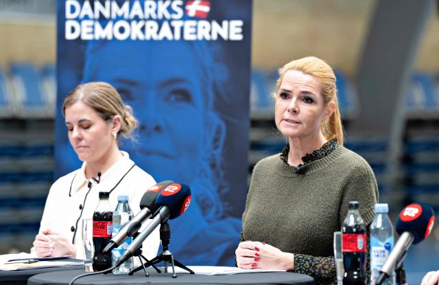Leader and founder of the Denmark Democrats party Inger Stoejberg (R) presents the Denmark Democrats' rural district proposal in Broenderslev in Vendsyssel, on March 17, 2026. A parliamentary election will be held in Denmark on March 24, 2026. (Photo by Henning Bagger / Ritzau Scanpix / AFP) / Denmark OUT