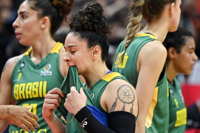 Brazil's Alana Goncalo reacts during the FIBA Women's Basketball World Cup 2026 qualifying tournament game between China and Brazil in Wuhan, in China's central Hubei province on March 17, 2026. (Photo by CN-STR / AFP) / China OUT