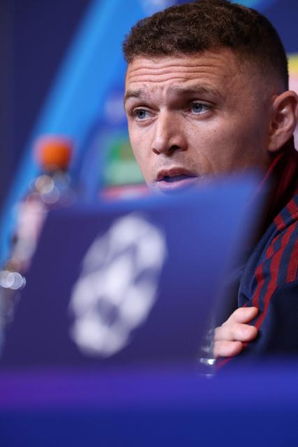 Newcastle United's English defender #02 Kieran Trippier gives a press conference on the eve of their UEFA Champions League last 16 second leg football match against FC Barcelona at the Camp Nou stadium in Barcelona, on March 17, 2026. (Photo by Lluis GENE / AFP)
