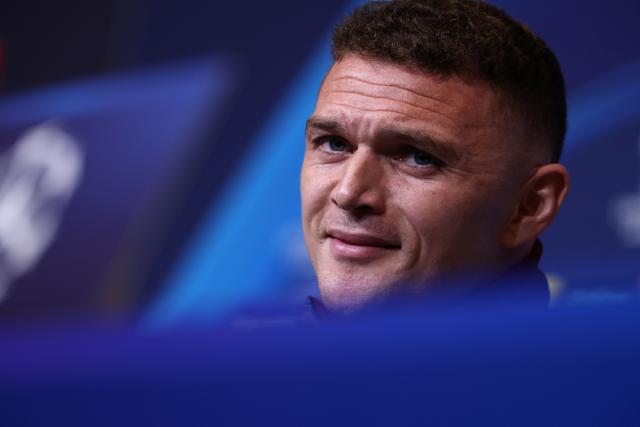 Newcastle United's English defender #02 Kieran Trippier gives a press conference on the eve of their UEFA Champions League last 16 second leg football match against FC Barcelona at the Camp Nou stadium in Barcelona, on March 17, 2026. (Photo by Lluis GENE / AFP)