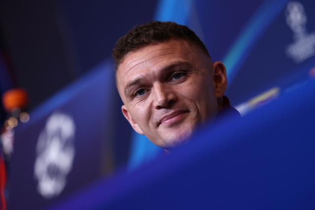 Newcastle United's English defender #02 Kieran Trippier gives a press conference on the eve of their UEFA Champions League last 16 second leg football match against FC Barcelona at the Camp Nou stadium in Barcelona, on March 17, 2026. (Photo by Lluis GENE / AFP)