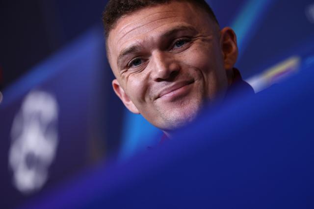 Newcastle United's English defender #02 Kieran Trippier gives a press conference on the eve of their UEFA Champions League last 16 second leg football match against FC Barcelona at the Camp Nou stadium in Barcelona, on March 17, 2026. (Photo by Lluis GENE / AFP)