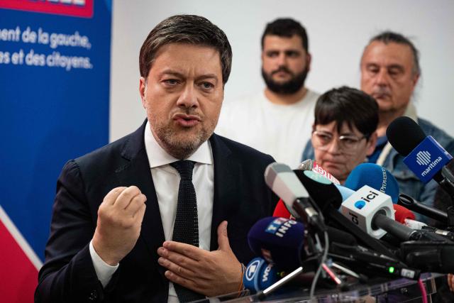 Marseille's incumbent mayor and broad left-wing coalition Printemps Marseillais candidate for re-election Benoit Payan gives a press conference two days after the first round of France's 2026 municipal elections in Marseille, southern France, on March 17, 2026. A hard-left candidate for mayor of France's second city of Marseille announced on March 17, 2026 he was dropping out of the second-round election runoff in a setback to the anti-immigration party of Marine Le Pen. (Photo by Elodie CLEMENT / AFP)