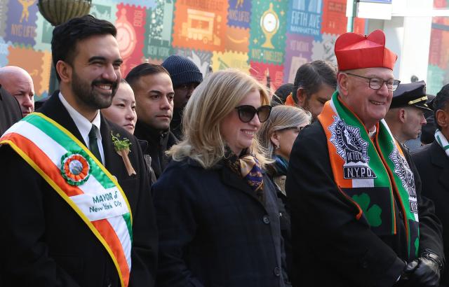 New York City Mayor Zohran Mamdani (L), New York City Police Commissioner Jessica Tisch (C) and Cardinal Timothy Dolan (R) participate in annual St. Patrick's Day Parade in New York on March 17, 2026. (Photo by TIMOTHY A. CLARY / AFP)