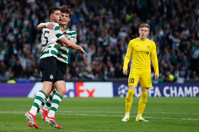 Sporting Lisbon's Portuguese defender #25 Goncalo Inacio (L) celebrates scoring the opening goal during the UEFA Champions League last 16 second leg football match between Sporting CP and Bodoe/Glimt at Jose Alvalade stadium in Lisbon on March 17, 2026. (Photo by FILIPE AMORIM / AFP)
