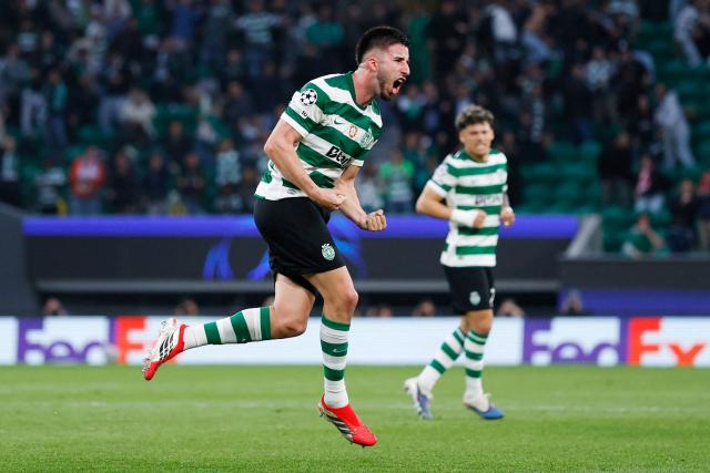 Sporting Lisbon's Portuguese defender #25 Goncalo Inacio celebrates scoring the opening goal during the UEFA Champions League last 16 second leg football match between Sporting CP and Bodoe/Glimt at Jose Alvalade stadium in Lisbon on March 17, 2026. (Photo by FILIPE AMORIM / AFP)