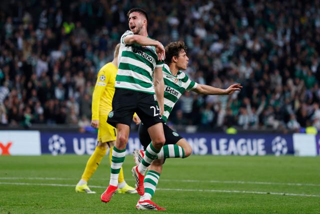 Sporting Lisbon's Portuguese defender #25 Goncalo Inacio celebrates scoring the opening goal during the UEFA Champions League last 16 second leg football match between Sporting CP and Bodoe/Glimt at Jose Alvalade stadium in Lisbon on March 17, 2026. (Photo by FILIPE AMORIM / AFP)