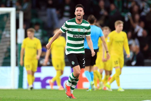 Sporting Lisbon's Portuguese defender #25 Goncalo Inacio celebrates scoring the opening goal during the UEFA Champions League last 16 second leg football match between Sporting CP and Bodoe/Glimt at Jose Alvalade stadium in Lisbon on March 17, 2026. (Photo by PATRICIA DE MELO MOREIRA / AFP)