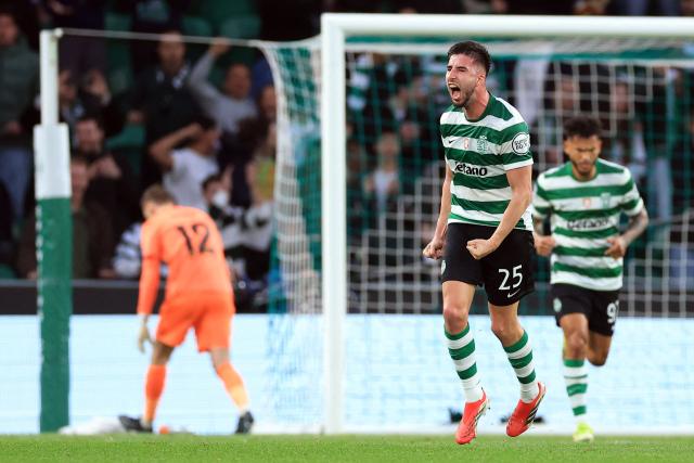 Sporting Lisbon's Portuguese defender #25 Goncalo Inacio celebrates scoring the opening goal during the UEFA Champions League last 16 second leg football match between Sporting CP and Bodoe/Glimt at Jose Alvalade stadium in Lisbon on March 17, 2026. (Photo by PATRICIA DE MELO MOREIRA / AFP)