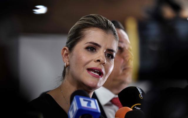 Costa Rica's Laura Fernandez speaks to the press after receiving the credentials as president at the Supreme Electoral Tribunal (TSE) in San Jose, Costa Rica, on March 17, 2026. Laura Fernandez will take office as president of Costa Rica on May 8, 2026. (Photo by Ezequiel BECERRA / AFP)