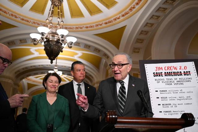 US Senate Minority Leader Chuck Schumer, Democrat of New York, speaks to the press after the weekly policy luncheon in Washington, DC on March 16, 2026. (Photo by ROBERTO SCHMIDT / AFP)
