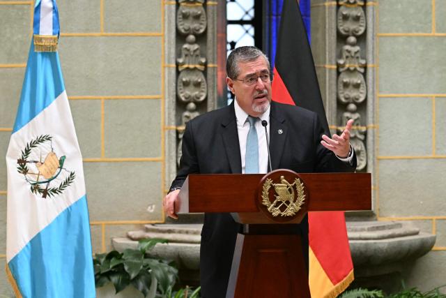 Guatemala's President Bernardo Arevalo speaks next to Germany's President Frank-Walter Steinmeier (out of frame) during a press conference at the Culture Palace in Guatemala City on March 17, 2026. (Photo by JOHAN ORDONEZ / AFP)
