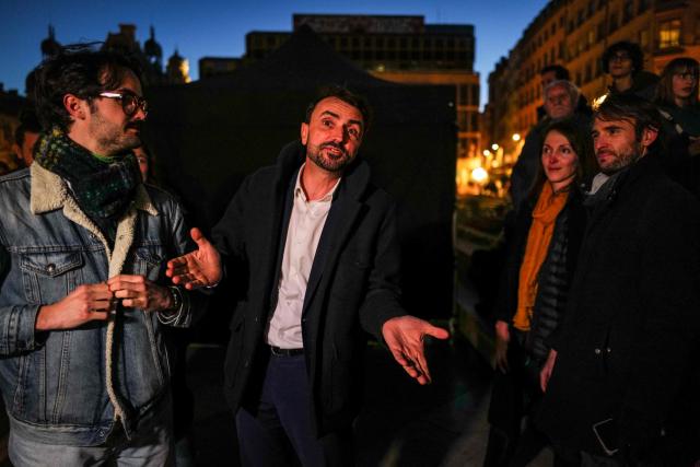 Lyon's outgoing mayor Gregory Doucet takes part in a gathering at Place Louis Pradel as part of the campaign for the municipal elections in Lyon on March 17, 2026. (Photo by OLIVIER CHASSIGNOLE / AFP)