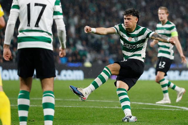 Sporting Lisbon's Uruguayan midfielder #20 Maximiliano Araujo scores his team's fourth goal during the UEFA Champions League last 16 second leg football match between Sporting CP and Bodoe/Glimt at Jose Alvalade stadium in Lisbon on March 17, 2026. (Photo by FILIPE AMORIM / AFP)