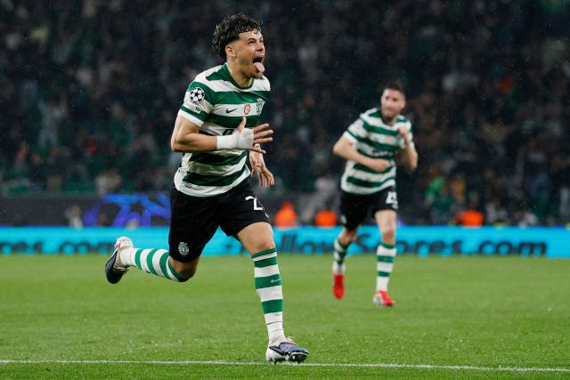 Sporting Lisbon's Uruguayan midfielder #20 Maximiliano Araujo celebrates scoring his team's fourth goal during the UEFA Champions League last 16 second leg football match between Sporting CP and Bodoe/Glimt at Jose Alvalade stadium in Lisbon on March 17, 2026. (Photo by FILIPE AMORIM / AFP)