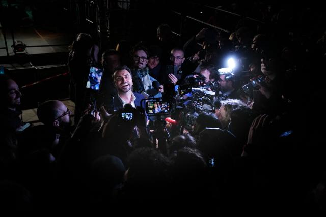 Lyon's outgoing mayor Gregory Doucet takes part in a gathering at Place Louis Pradel as part of the campaign for the municipal elections in Lyon on March 17, 2026. (Photo by OLIVIER CHASSIGNOLE / AFP)