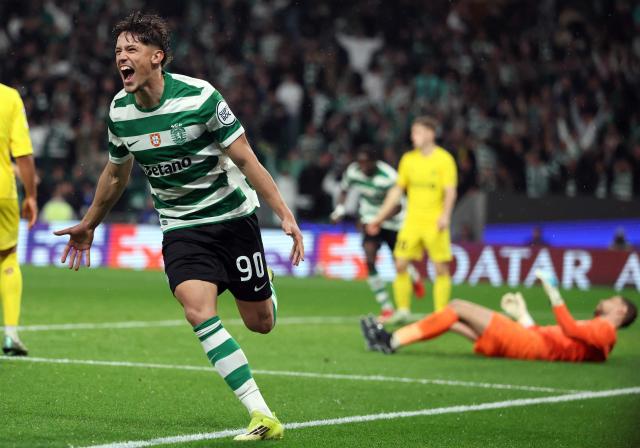 Sporting Lisbon's Portuguese forward #90 Rafael Nel scores his team's fifth goal during the UEFA Champions League last 16 second leg football match between Sporting CP and Bodoe/Glimt at Jose Alvalade stadium in Lisbon on March 17, 2026. (Photo by PATRICIA DE MELO MOREIRA / AFP)