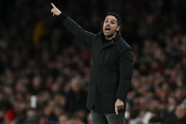 Arsenal's Spanish manager Mikel Arteta gestures on the touchline during the UEFA Champions League, last 16 second leg football match between Arsenal and Bayer Leverkusen at the Emirates Stadium in north London on March 17, 2026. (Photo by Glyn KIRK / AFP)