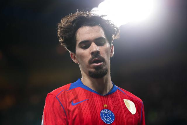Paris Saint-Germain's Portuguese midfielder #17 Vitinha looks down during the UEFA Champions League round of 16 second leg football match between Chelsea FC and Paris Saint-Germain (PSG) at Stamford Bridge, west London on March 17, 2026. (Photo by FRANCK FIFE / AFP)
