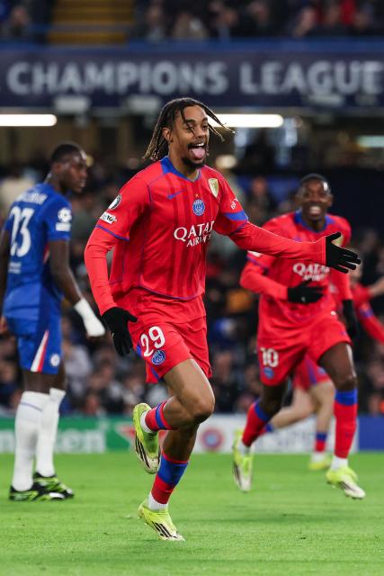 Paris Saint-Germain's French forward #29 Bradley Barcola celebrates after scoring his team second goal during the UEFA Champions League round of 16 second leg football match between Chelsea FC and Paris Saint-Germain (PSG) at Stamford Bridge, west London on March 17, 2026. (Photo by FRANCK FIFE / AFP)